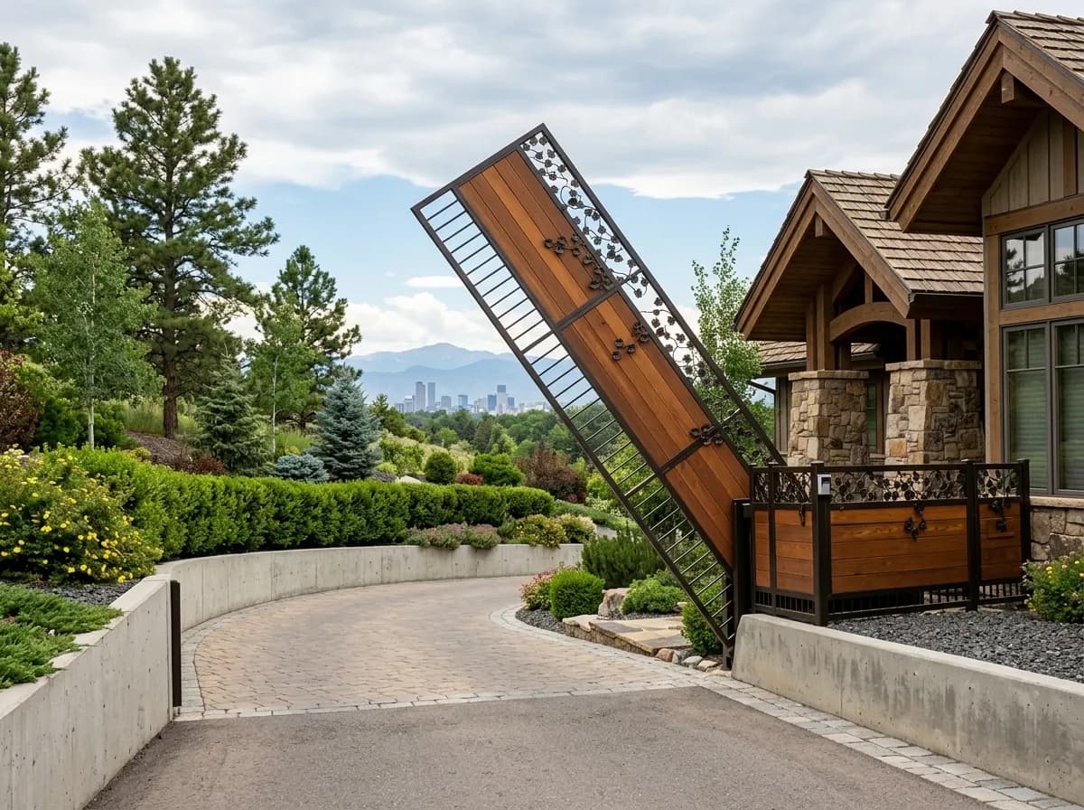 A unique, elaborate wooden and metal gate rises open at the entrance to a large property with extensive landscaping and a distant city view.